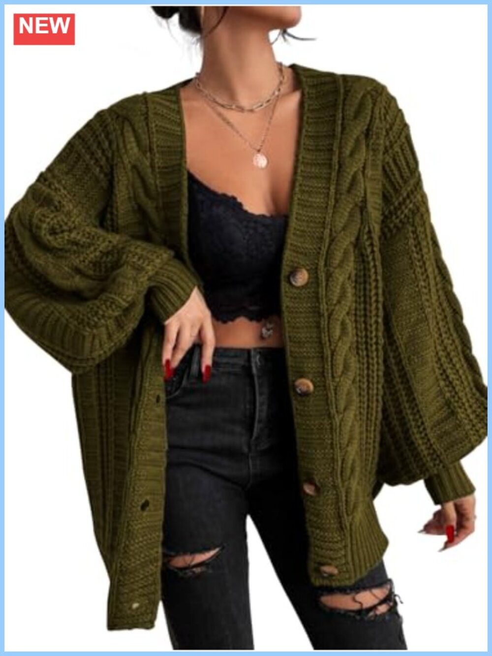 Oversized Cable Knit Cardigan Button Down V Neck Lantern Sleeve Casual Sweater